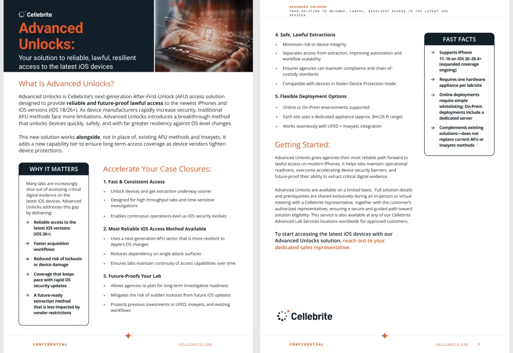 Leaked Cellebrite Advanced Unlocks flyer describing a wireless iPhone unlock appliance